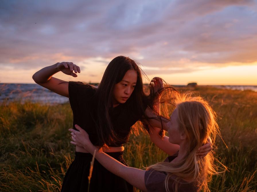 To kvinder på en mark i solnedgang - de ser ud, som om de slås, men måske elsker de hinanden